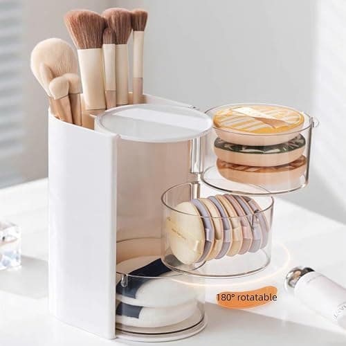 Hair Accessories Organizer with Hair Brush Holder, Rotatable Makeup Brush Holder for Necklaces, Earring, Bracelet, Ring, Makeup Brushes, Hair Clip and Hair Accessories (White, 3-Layer) thumbnail 8