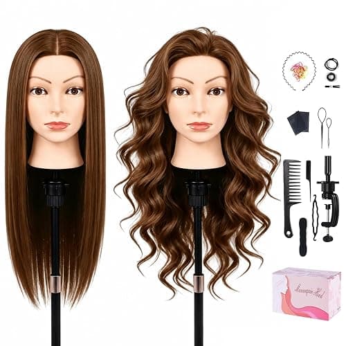 100% Mannequin Head Human Hair,22" Dark Brown Real Hair Cosmetology Mannequin Manikin Head Hair Styling Hairdressing Practice Training Doll Head with Clamp Holder and Tools - Image 1