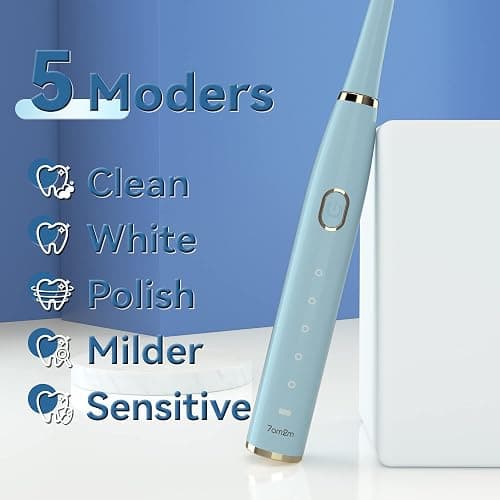 7AM2M Sonic Electric Toothbrush for Adults and Kids- High Power Rechargeable Toothbrushes with 8 Brush Heads,5 Adjustable Modes, Built-in 2-Minute Smart Timer,4 Hours Fast Charge for 30Days (Blue) thumbnail 7