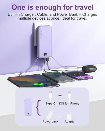 Portable Charger, 12000mAh 22.5W USB C Fast Charging Power Bank with Built-in Cables and AC Wall Plug, Smart LED Display Travel Essentials Battery Pack Compatible with iPhone, iPad, Samsung etc Purple thumbnail 4