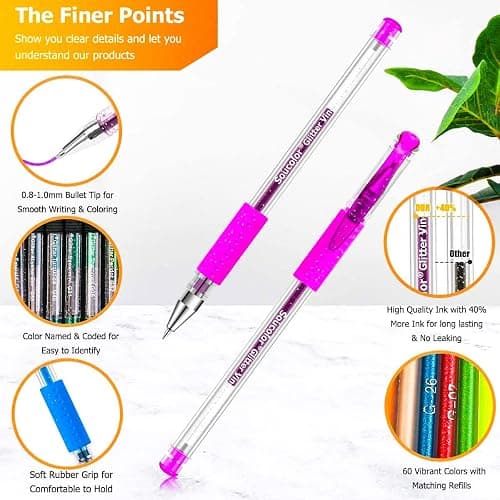 Soucolor Glitter Gel Pens for Adult Coloring Books, Christmas|Birthday Gifts, School Art Supplies,120 Pack-60 Glitter Pens, 60 Refills and Travel Case, 40% More Ink Markers Set for Drawing Journaling thumbnail 4