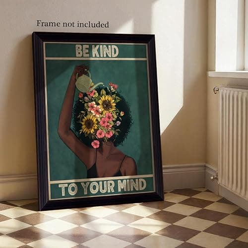 Be Kind To Your Mind Canvas Wall Art, Inspirational Quote Office Poster, Emerald Green Woman and Flowers Poster Print, Positive Affirmations Mental Health Wall Decor for Bedroom 12x16in Unframed thumbnail 4