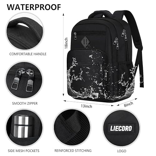 LIECDRO Black Backpack for Men, School Backpack for Boys Teens,15.6 inch Laptop Back Pack with Reinforced Straps, Backpacks for School Business Work College Travel, College Book Bag, Bookbag thumbnail 3