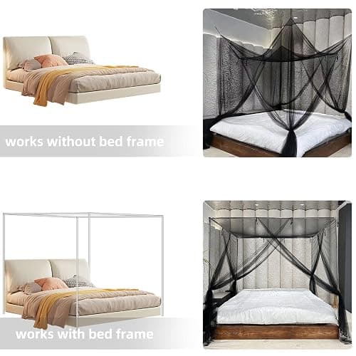 Anmas Home Mosquito Net Bed Canopy with 66ft LED Star String Lights, Black Netting Four Corner Post Curtains Elegant Mosquito Net thumbnail 7