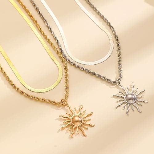Yepelesi Sun Necklace for Women 14K Gold Silver Plated Layered Charm Necklace Double Chain Charm Pendant Necklaces Trendy Daily Wear Statement Jewelry Gift thumbnail 6