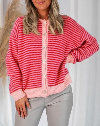 Cicy Bell Womens Striped Cardigan Sweaters Long Sleeve Button Up Knit Tops | Color Block,Loose Fit,Button Down,Open Front,Oversized,Casual Cardigan,Fall Winter thumbnail 4