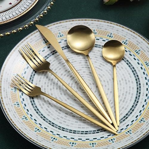 Matte Gold Silverware Set 40 Pieces, Stainless Steel Golden Flatware Set, Titanium Plating Cutlery Set, Matte Gold Utensil Sets, Service Set for 8 (Matte Golden) thumbnail 2