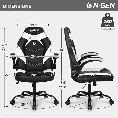 N-GEN Video Gaming Computer Chair Ergonomic Desk Office Chair for Adults with Lumbar Support Flip-Up Arms Adjustable Height Swivel Wheels PU Leather Executive Design for Home and Office (White) - White thumbnail 3