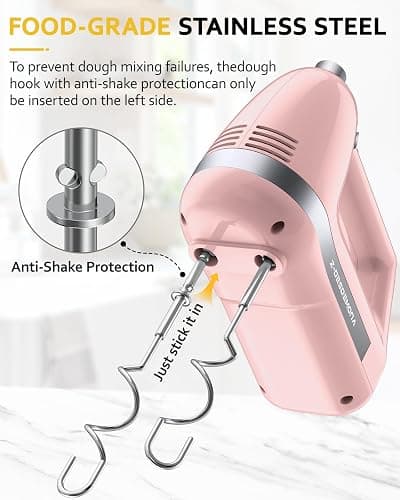 Z-DESDEMONA Electric Hand Mixer, Powerful 300W Hand Mixer Electric Handheld with 304 Beaters, Dough Hook,Hand Held Mixer with Turbo for Baking Cakes, Eggs, Cream Food(Pink) thumbnail 6
