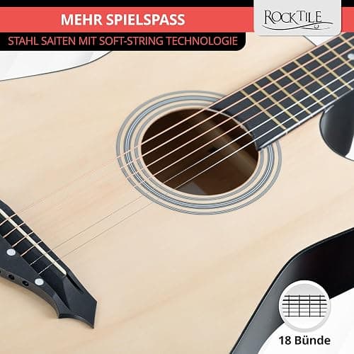 Rocktile WSD-5C-NT Slim Line Westerngitarren Set - Dreadnought Akustik Gitarre - Westerngitarre mit Korpus aus Linde - Hals: Catalpa - Set inkl. Tasche, Ersatzsaiten, Gurt und Plektren - Natural thumbnail 7