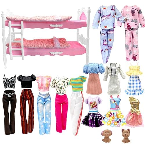 Dolls Clothes and Accessories, Bunk Bed Playset, 2 Pajamas, 2 Fashion Dresses, 2 Clothing Outfits, Bedroome Set for 11.5 inch Dolls, with 2 Blankets - Image 1