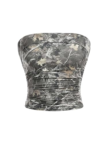 WDIRARA Girl's Camo Print Ruched Tube Top Strapless Sleeveless Bandeau Tops - Image 1