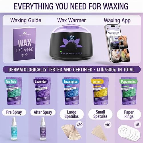 Tress Wellness Waxing Kit for Sensitive Skin, Safe for Face & Skin, Prep & Aftercare Spray, Easy to Use, At-Home Kit for Face, Bikini, Brazilian & Full Body - Digital Display, Black Purple Flower thumbnail 2