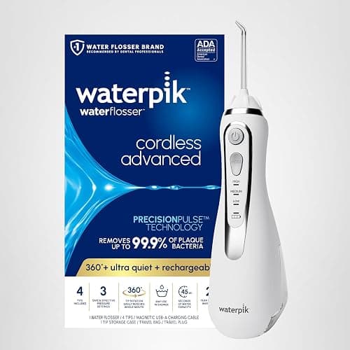 Waterpik Cordless Advanced 2.0 Water Flosser For Teeth, Gums, Braces, Dental Care With Travel Bag and 4 Tips, ADA Accepted, Rechargeable, Portable, and Waterproof, White WP-580, Packaging May Vary thumbnail 10
