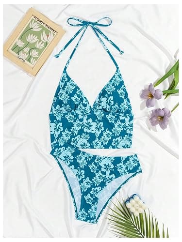 Floerns Women's Floral Print Halter Neck Tankini Top Two Piece Bathing Swimsuit thumbnail 6