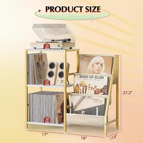 Record Player Stand, Turntable Stand with 3-Tier Vinyl Record Storage, Record Player Table 200 Albums, End Table with Vinyl Display Holder Shelf, Record Player Cabinet Media Console for Stereo,Gold thumbnail 3