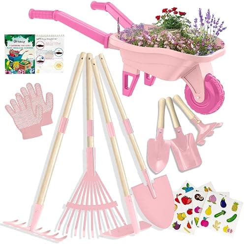 Qtioucp Kids Gardening Set with Wheelbarrow, Real Metal Garden Tools for Kids Ages 3-8, 4 Long Handle Tools, 3 Hand Tool, Gloves, 5 Stickers, Handbook, Outdoor Backyard Toys for Toddler Gift - Image 1