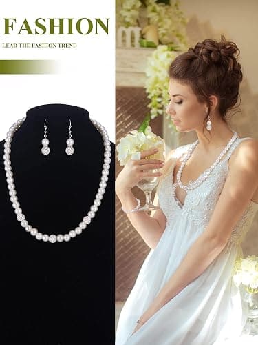 BBTO 8 Pcs Pearl Necklace and Earrings Set for Women Pearl Bracelets Costume Jewelry Set for Wedding Bridal Christmas Party thumbnail 5