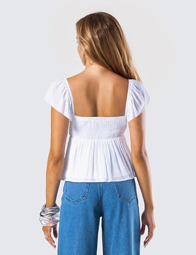 HOCANDY Womens Flowy Peplum Tank Tops Ruffle Sleeve Babydoll Tank Top Sweetheart Neck Smocked Back Short Sleeve Going Out Top thumbnail 2