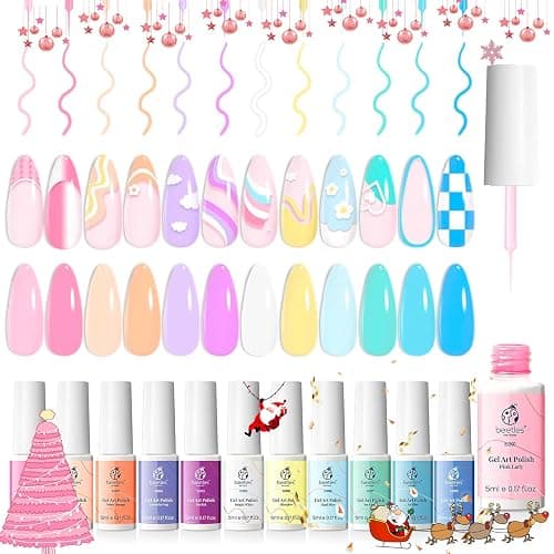 Beetles Pastel Gel Liner Nail Polish Set, 12 Colors Spring Sheer Pink Nude Blue Purple White Yellow Orange French Line Swirl Nail Art Gel Polish Soak Off Uv Lamp Manicure Gifts for Women thumbnail 9