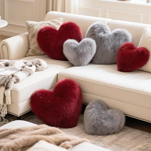 Wucidici Red Heart Pillow, Faux Fox Fur Heart Decorative Pillows, Heart Shaped Throw Pillow for Bed, Soft Fluffy Decorative Cushion for Chair Sofa Living Room - Plush Pillow Home Decor thumbnail 4