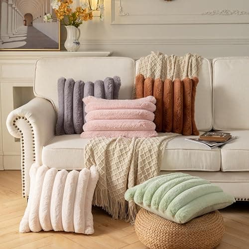 YAERTUN Set of 2 Beige Striped Decorative Cushion Covers 16x16 Inch 40x40 cm Plush Soft Throw Pillow Case with Velvet Back Faux Rabbit Fur Pillow Covers Sofa Couch Bed Livingroom thumbnail 6