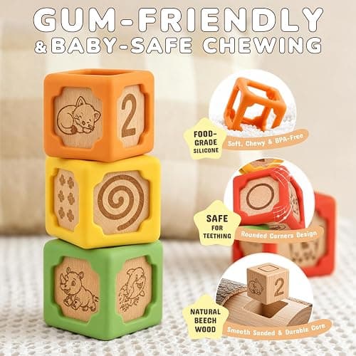 Joyreal Silicone Wooden Baby Blocks, 10PCS Montessori Stacking Blocks for Babies 6-18 Months, 1.7" Beech Wood Sensory Learning Toy with Animals, Numbers, Textures, Soft Chewable, Laser Engraved thumbnail 4