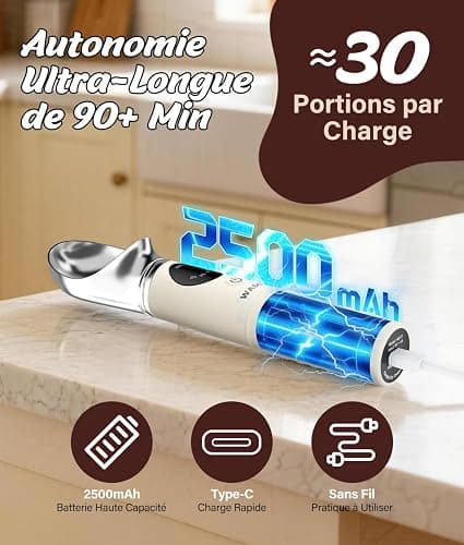 WADEO Cuillère à Crème Glacée Chauffante, Cuillère à Boule Glace Électrique | avec Écran LED, 4 niveaux Chaleur 40-70°C & Étanche IP67, 2500 mAh, Prélever Facilement Glace Dure, Lavable au lave-vaissel thumbnail 5