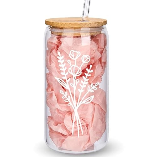 Cute Glass Cups with Lids and Straws, Aesthetic Iced Coffee Cup, Flower Mugs, Personalized Tumbler with Straw, Birthday Gifts for Women Friend Sister Her Coffee Lover Bridesmaid Stuff Christmas - Image 1