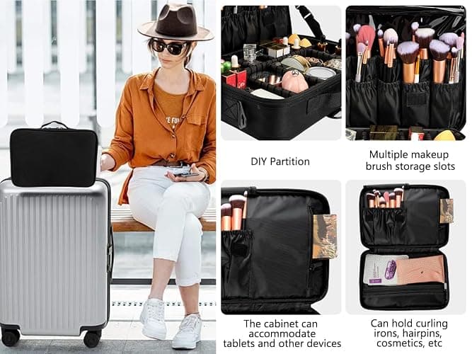 gzcz Travel Makeup Bag,Professional Cosmetic Bags for Women,Portable Makeup Brush Case Organizer Storage with Adjustable Dividers and Shoulder Strap (Medium) thumbnail 6
