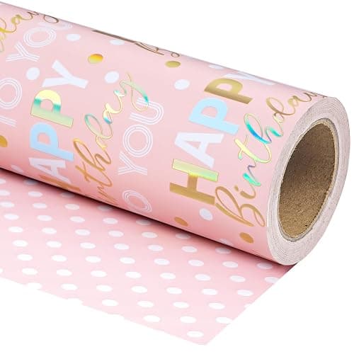 WRAPAHOLIC Reversible Birthday Wrapping Paper - Mini Roll - 17 Inch x 9.8 Feet - Rose Gold Foil and Iridescent Happy Birthday Wrapping Paper for Girls, Women, Baby Shower thumbnail 3