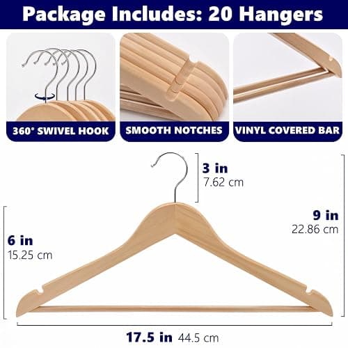 Amber Home 20 Pack Wooden Coat Hangers, Natural Wood Suit Hangers with Non Slip Pant Bar, Clothes Hangers for Shirts, Jackets, Dress, Pant (Natural, 20) thumbnail 2