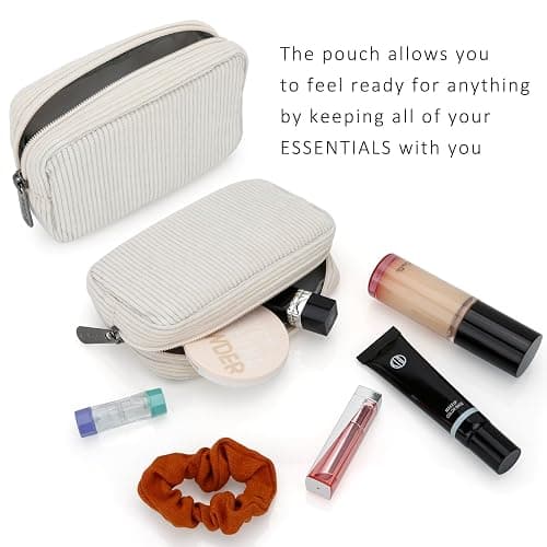 E-Tree Cute Small Makeup Bag,Cosmetic Toiletry Make up Little Items Pouch for Purse,Zipper Mini Tech Charger Cable Electronic Organizer Case,Travel Accessories for Women Men Teen,White Corduroy thumbnail 4