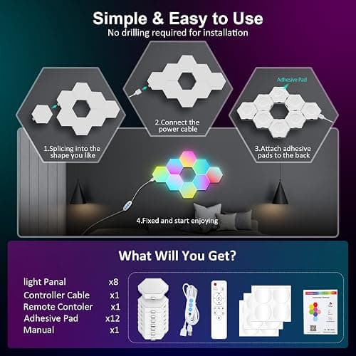 OJQ 8 Pack Hexagon Lights Wall RGB Panel - Hexagonal Led Lights Room Decor Wall Lights Smart APP Music with Sync Honeycomb Shape Panels Hexagon Gaming Night Lights for Bedroom Children thumbnail 7