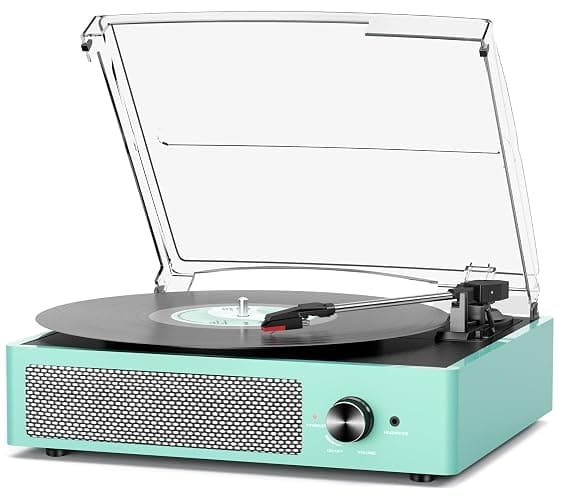 Record Player for Vinyl with 2 Build-in Speakers LP Vinyl Players Belt-Driven Vintage Turntables 3 Speed 3 Size, Wireless Bluetooth Playback, AUX-in, RCA Out, Headphone, Auto Stop,Water Blue - Image 1