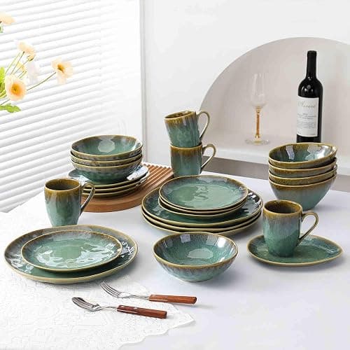 Henten Home Ceramic Appetizer Plate Set, 6.75 Inch Dessert Plates, Reactive Glaze Serving Plates for Snack, Sushi, Set of 4, Microwave & Dishwasher Safe (Green) thumbnail 6