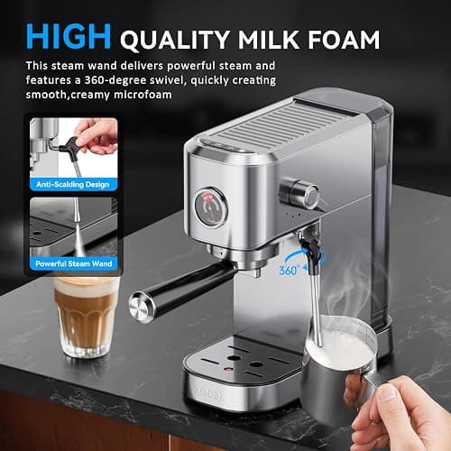 XIXUBX 20Bar Espresso Machine, Compact Espresso Maker with Milk Frother, Stainless Steel Coffee Machine for Cappuccino&Latte, 42oz Water Tank, Visible Pressure Gauge, Home&Office, Silver thumbnail 6