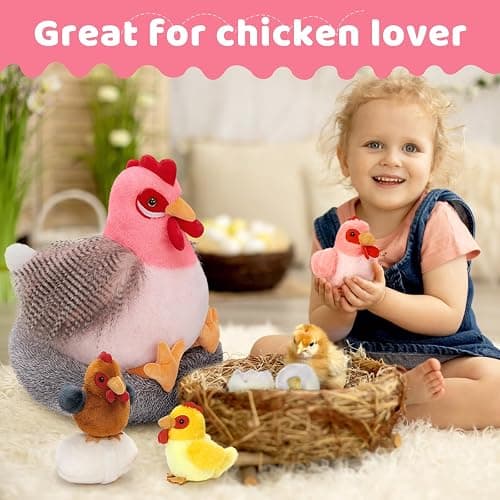 MaoGoLan 8Pcs Chicken Stuffed Animals, Stuffed Laying Hen Chicken Plush Toys with 3 Babies Chickens and 3 Eggs,1 Nest House Plush Set, Cute and Soft Farm Stuffed Animals Gift for Kids,Girls,Boys,Pink thumbnail 5