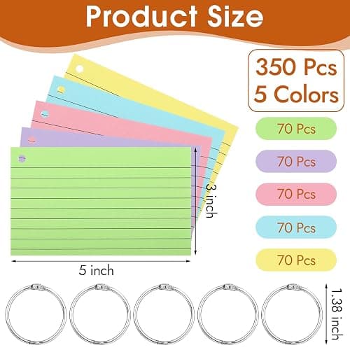 350 Pcs Index Cards With Ring, 3x5 Inches Flash Cards With Rings，Colored Heavy Notecards With Ring, Punched Lined Study Cards For School, College, Home, Office, Memory, To Do List (5 Colors) thumbnail 2