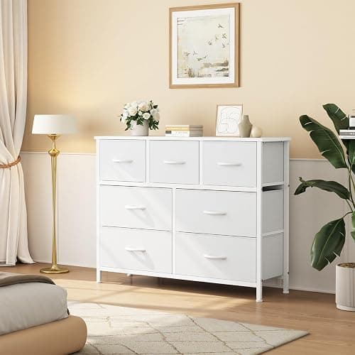 OLIXIS 7 Drawer Fabric Dresser, Storage Tower for Bedroom and Closet | White Easy-Pull Bins for Closet Organizers, Chest of Drawers with Sturdy Steel Frame & Wooden Top for Living Room, Entryway thumbnail 8