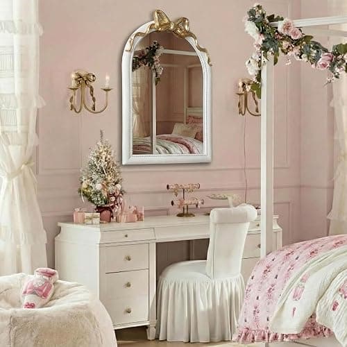 iyabat 36x24 Arched White Bow Wall Mirror with Gold Ribbon, Vintage Vanity Mirror for Bedroom & Nursery Decor, Cute Coquette Aesthetic Engineered Wood Frame, Shabby Chic Style thumbnail 2