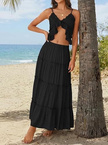Trendy Queen Vacation Outfits Long Skirts for Women Boho Maxi Skirt Elastic High Waist Dress with Pockets Fashion thumbnail 2