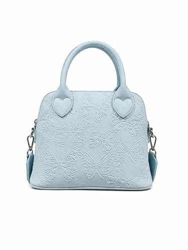 Betsey Johnson Butterfly Embossed Satchel Handbag, Light Blue, with Crossbody Strap and Faux Fur Charm, 10x8 in thumbnail 4