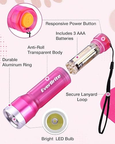 EverBrite Small Flashlight, Compact LED Flash Light with 3 Modes, 3 AAA Batteries Included, Water-Resistant Mini Flashlight for Home,Emergencies and Camping, Pink, 1 Pack thumbnail 8