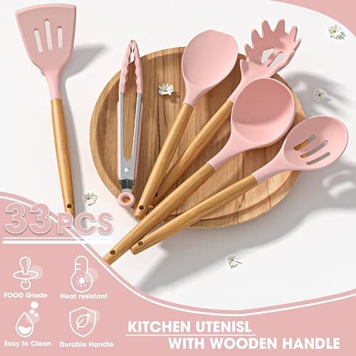 Umite Chef Silicone Kitchen Utensils Set, 33 Piece Non-Stick Kitchen Utensils with Stand, Wooden Handle, Pink thumbnail 6