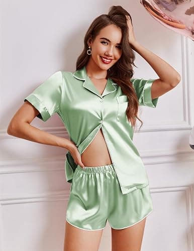 Ekouaer Womens Silk Satin Pajamas Short Sleeve PJS Shorts Set Soft Button Down Sleepwear 2 Piece Loungewear S-5XL thumbnail 2