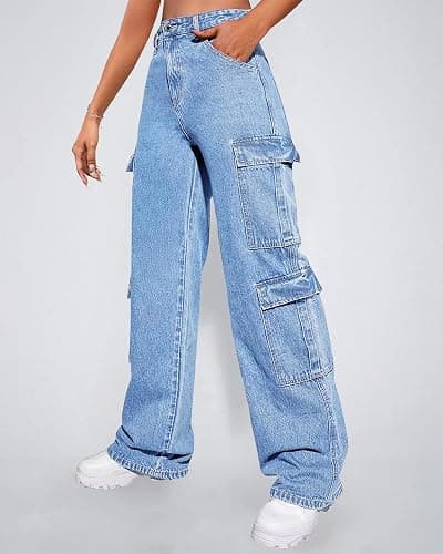 Flvsun Women's High Waist Baggy Cargo Jeans Flap Pocket Y2K Streetwear Wide Leg Denim Pants thumbnail 3