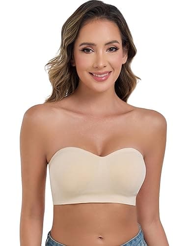 ANGOOL Strapless Bras for Women Wirefree Non-Slip Tube Top Invisible Bralette Seamless Padded Bandeau Bra - Large - Beige - Image 1