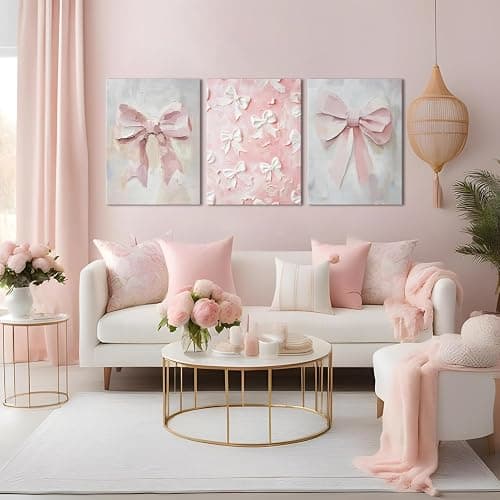 Pink Bow Canvas Wall Art Set of 3 Coquette Oil Painting Cute Bow Posters Wall Decor Trendy Preppy Print Picture for Back to School Bedroom Bathroom College Dorm 12x16 In Framed thumbnail 8