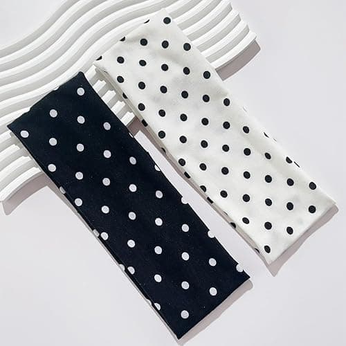 2Pcs Polka Dot Headband Black White Headbands Elastic Polka Dots Hair Accessories Non Slip Fashion Head Bands Vintage Design Sports Yoga Workout Wide Headbands Cute Hair Styling Decorations for Women thumbnail 2